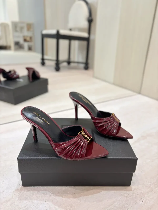 Ruched Pointed Toe High Heel Mules with Gold Metal Buckle image 1