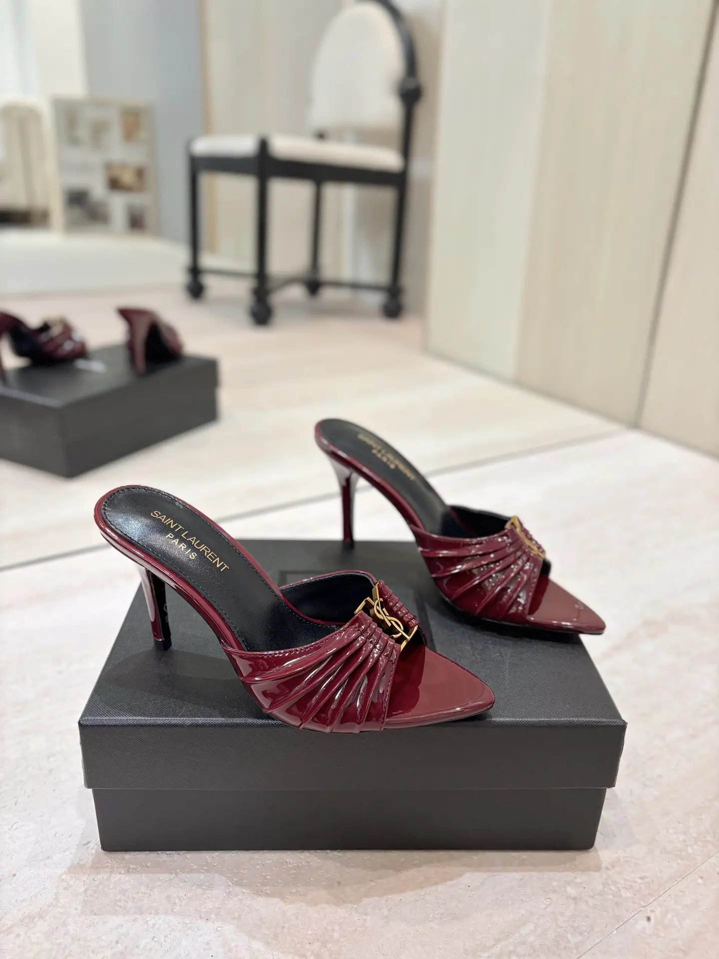 Ruched Pointed Toe High Heel Mules with Gold Metal Buckle image 1