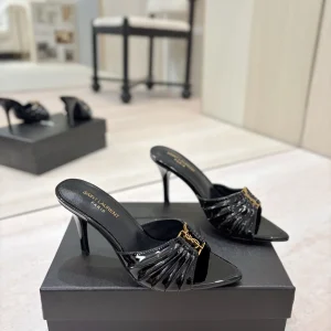 Ruched Pointed Toe Mid-Heel Mules with Gold Metal Buckle image 1