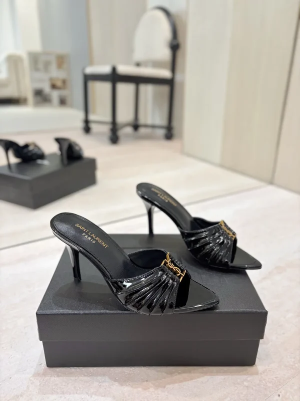 Ruched Pointed Toe Mid-Heel Mules with Gold Metal Buckle image 1