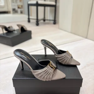 Ruched Pointed Toe High Heel Mules with Gold Metal Buckle image 1