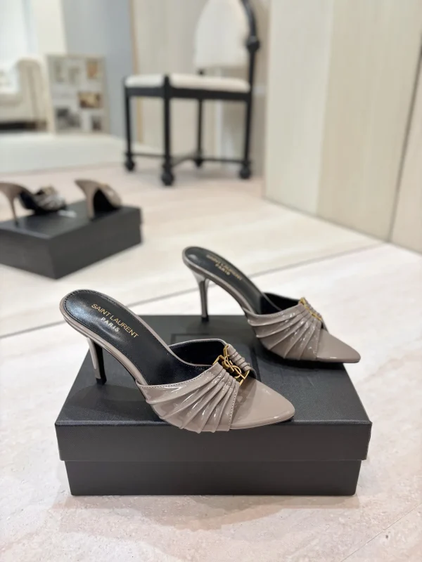 Ruched Pointed Toe High Heel Mules with Gold Metal Buckle image 1