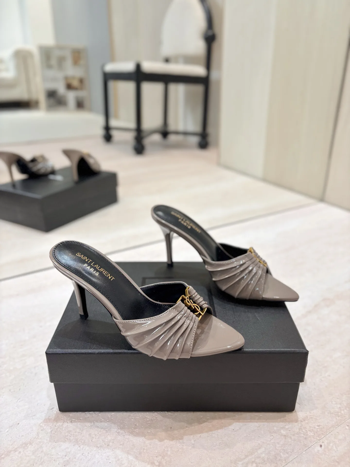 Ruched Pointed Toe High Heel Mules with Gold Metal Buckle image 1
