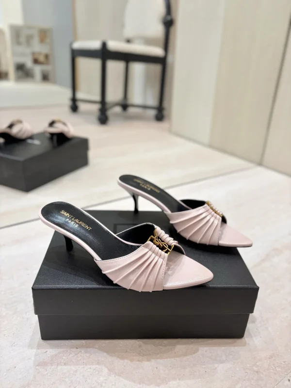 Ruched Pointed Toe Kitten Heel Mules with Gold Metal Buckle image 1