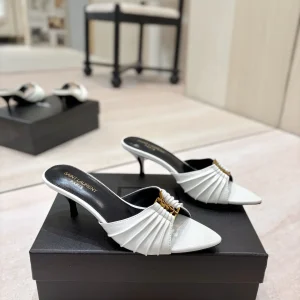 Ruched Pointed Toe Mid-Heel Mules with Gold Metal Buckle image 1
