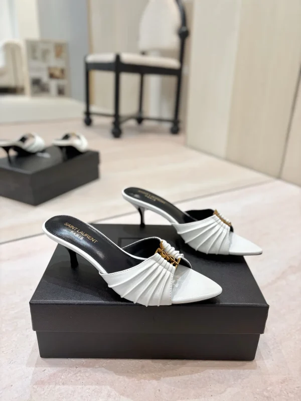 Ruched Pointed Toe Mid-Heel Mules with Gold Metal Buckle image 1