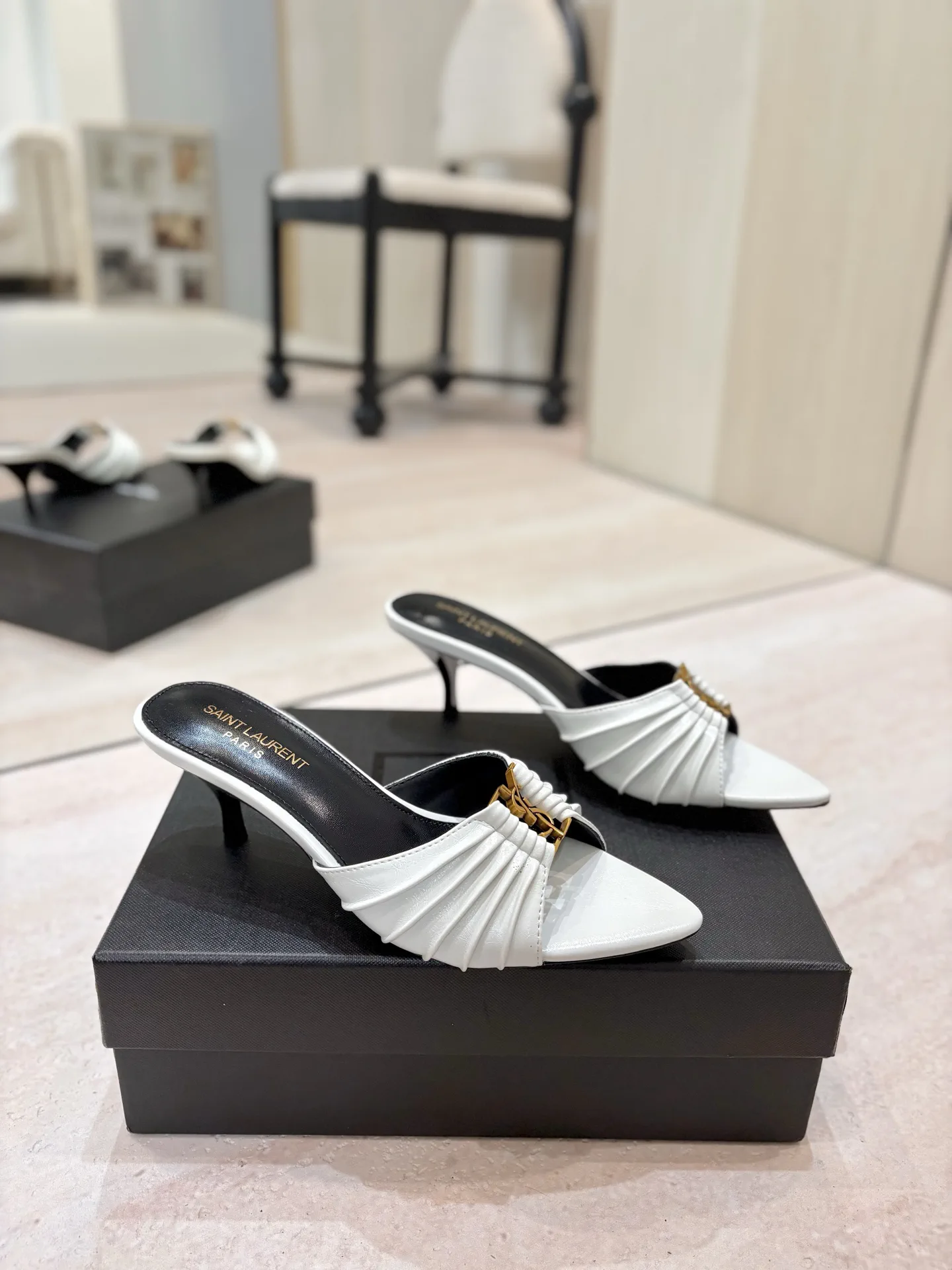 Ruched Pointed Toe Mid-Heel Mules with Gold Metal Buckle image 1