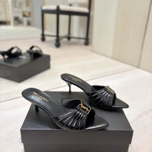 Ruched Pointed Toe Mid Heel Mules with Gold Metal Buckle image 1