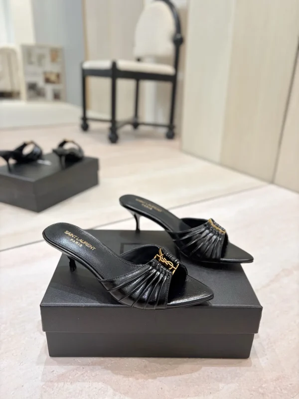 Ruched Pointed Toe Mid Heel Mules with Gold Metal Buckle image 1
