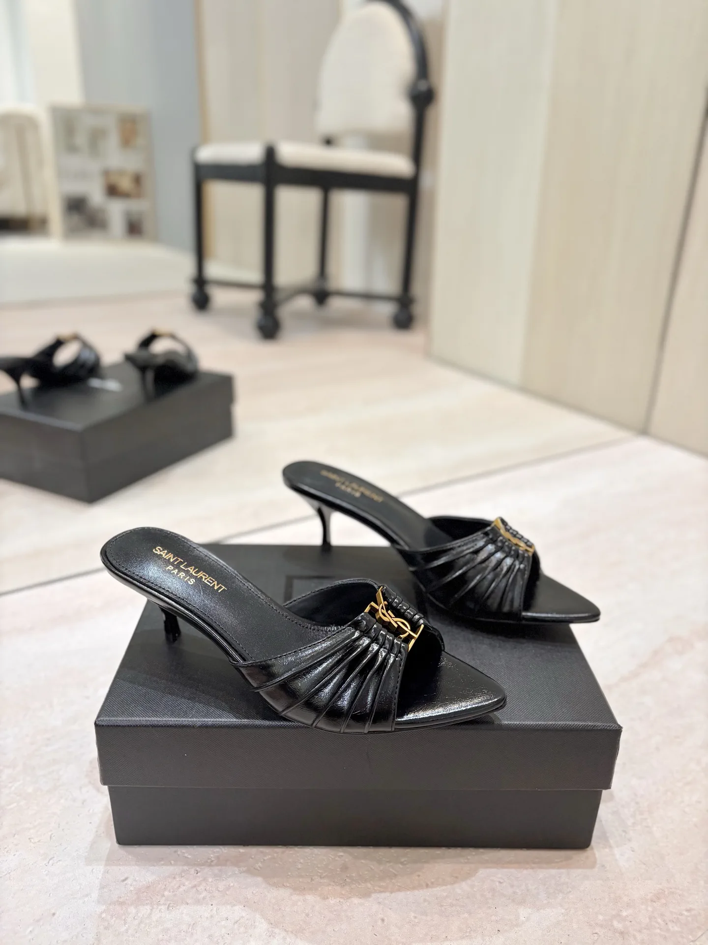 Ruched Pointed Toe Mid Heel Mules with Gold Metal Buckle image 1