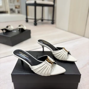 Ruched Pointed Toe Mid-Heel Mule Shoes with Gold Metal Buckle image 1