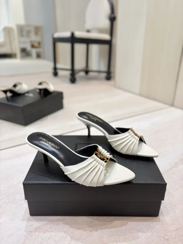 Ruched Pointed Toe Mid-Heel Mule Shoes with Gold Metal Buckle image 1