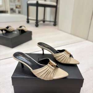 Ruched Pointed Toe Kitten Heel Mules with Gold Metal Buckle image 1