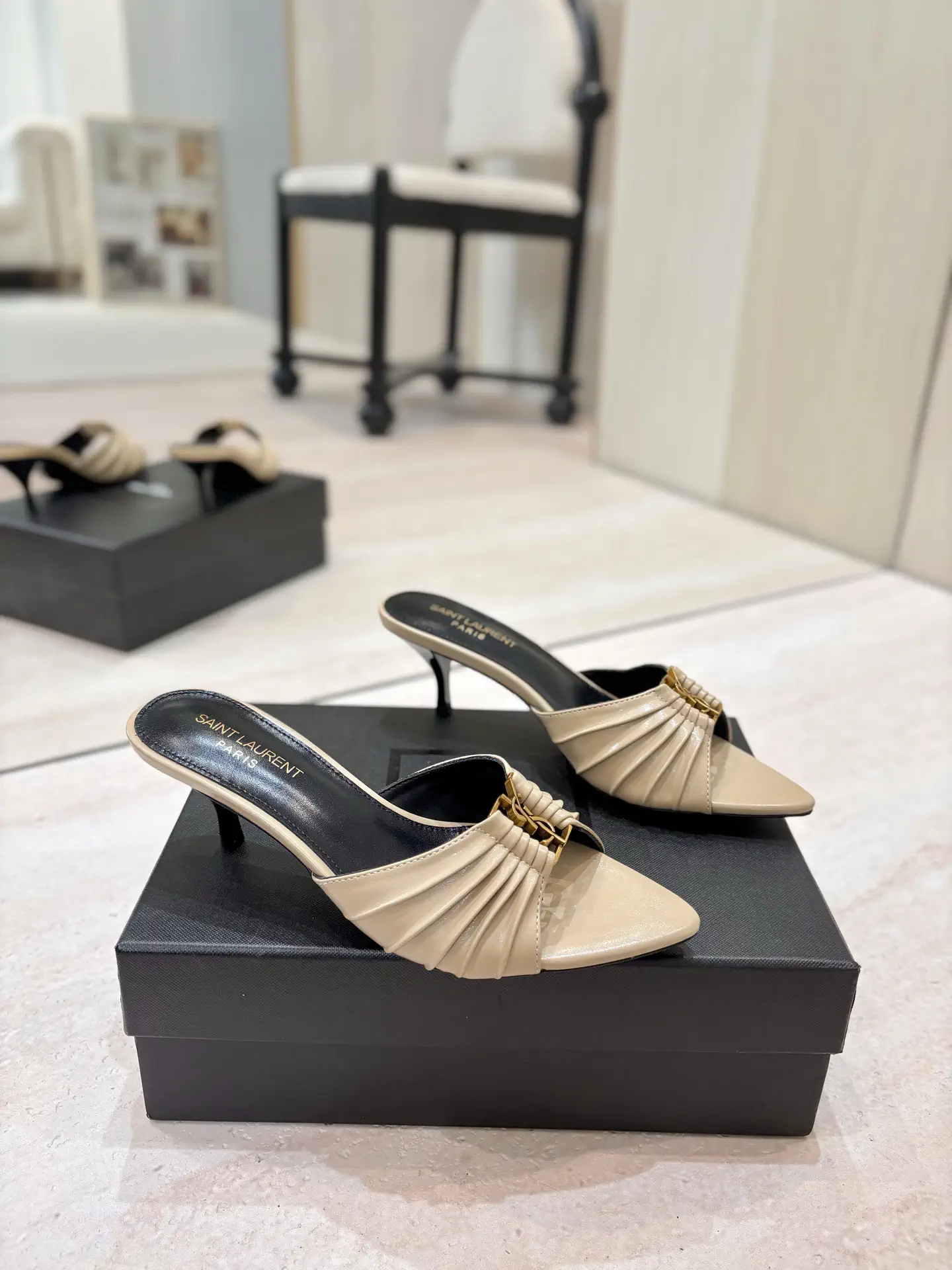 Ruched Pointed Toe Kitten Heel Mules with Gold Metal Buckle image 1