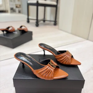 Ruched Pointed Toe Kitten Heel Mules with Gold Metal Buckle image 1