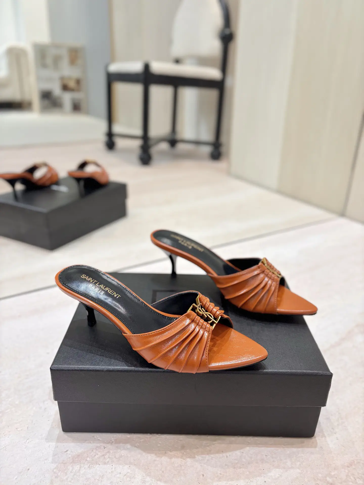 Ruched Pointed Toe Kitten Heel Mules with Gold Metal Buckle image 1