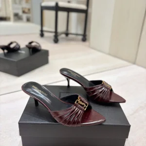Ruched Pointed Toe Mid-Heel Mules with Gold Metal Buckle image 1