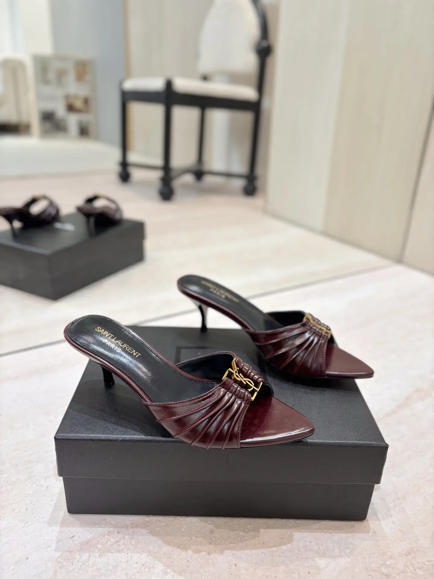 Ruched Pointed Toe Mid-Heel Mules with Gold Metal Buckle image 1