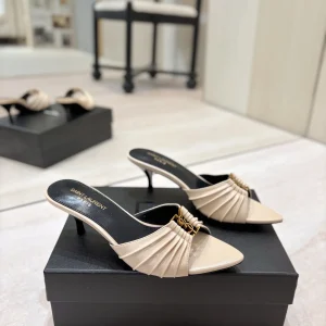 Ruched Pointed Toe Kitten Heel Mules with Gold Metal Buckle image 1