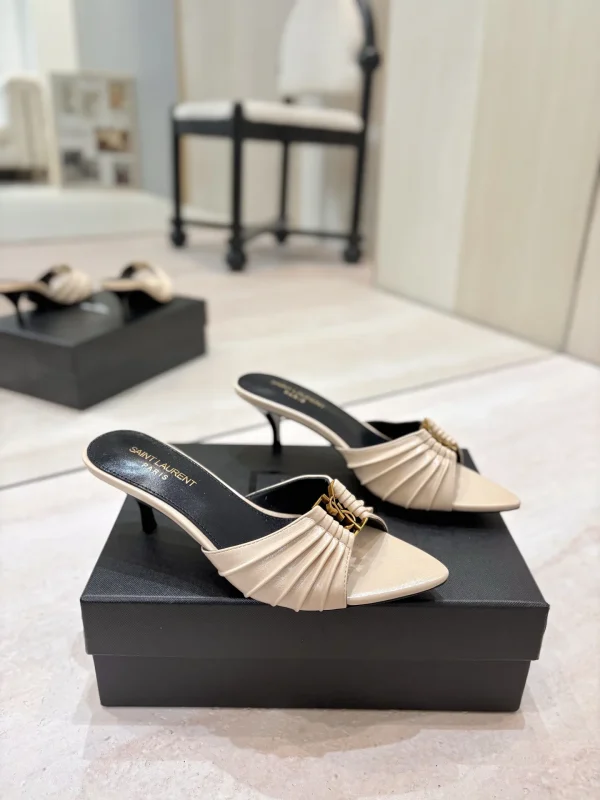 Ruched Pointed Toe Kitten Heel Mules with Gold Metal Buckle image 1