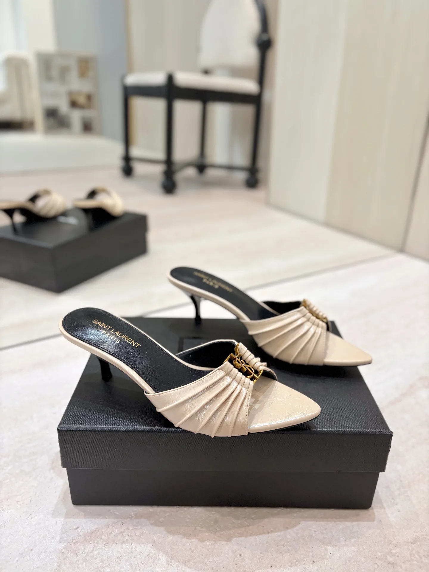 Ruched Pointed Toe Kitten Heel Mules with Gold Metal Buckle image 1