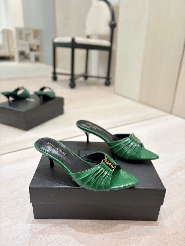 Ruched Pointed Toe Kitten Heel Mules with Gold Metal Buckle image 1