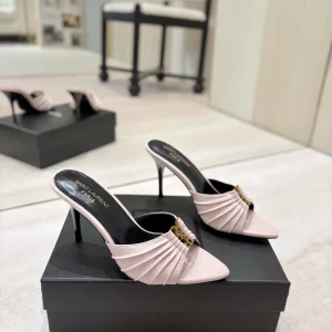 Ruched Pointed Toe Mule Heels with Gold Metal Buckle image 1