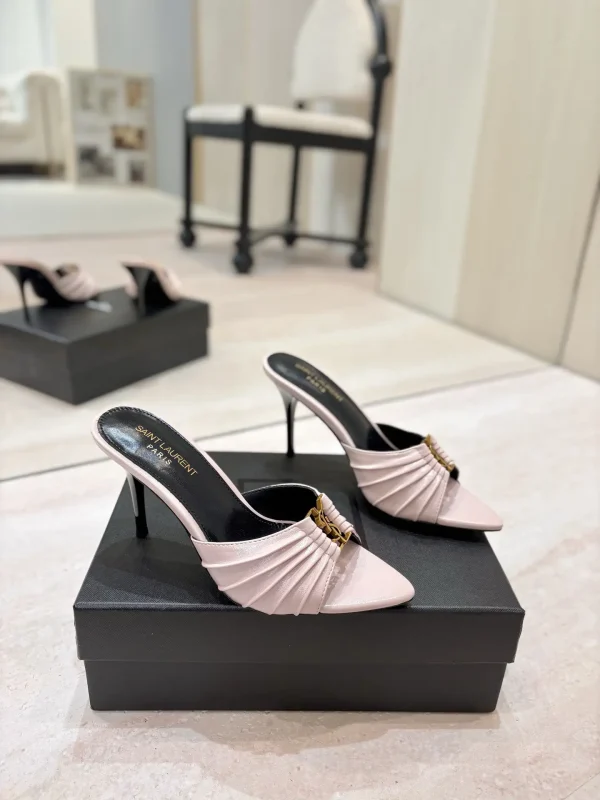 Ruched Pointed Toe Mule Heels with Gold Metal Buckle image 1