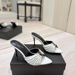 Ruched Pointed Toe High Heel Mules with Gold Metal Buckle image 1