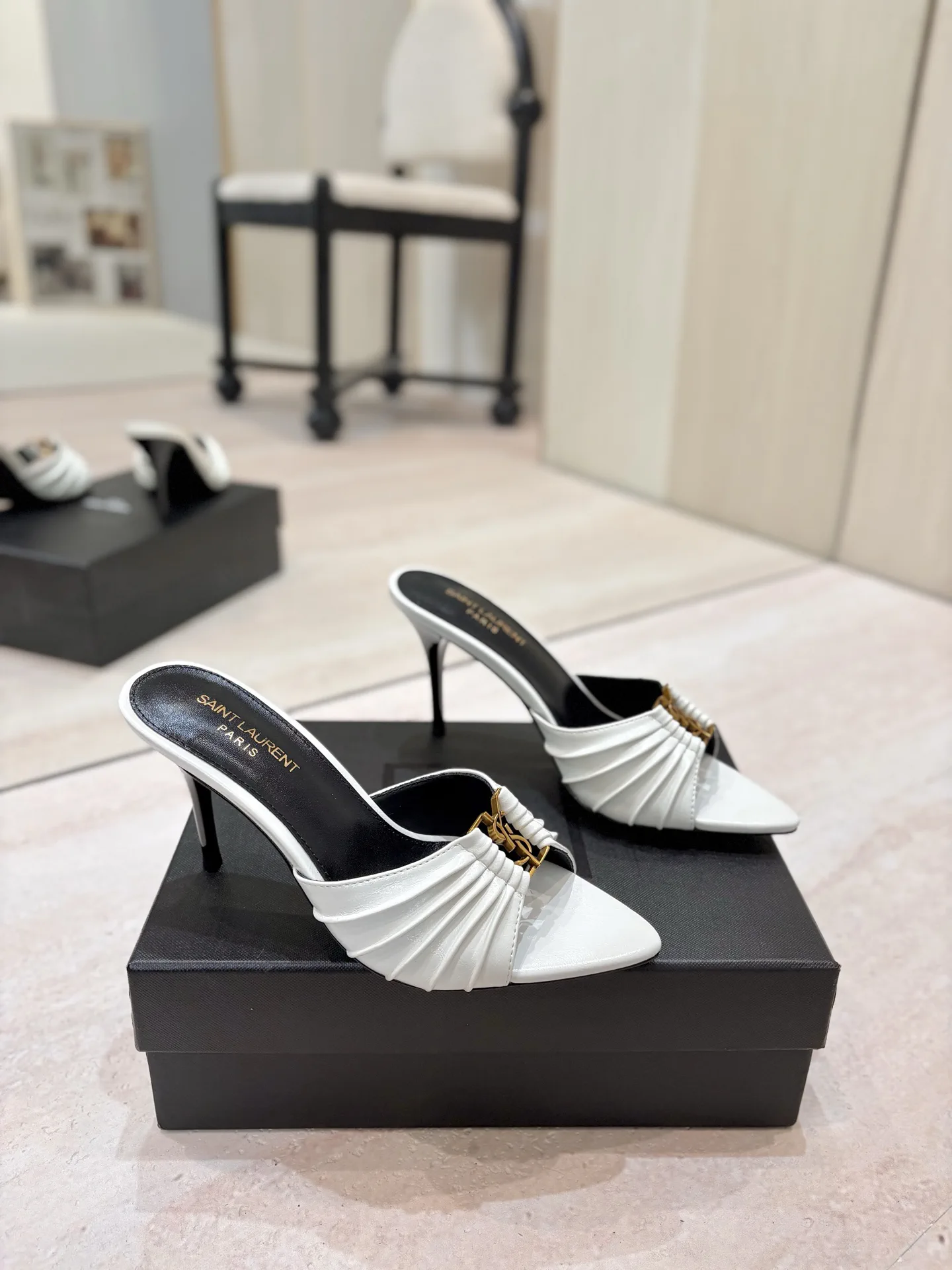 Ruched Pointed Toe High Heel Mules with Gold Metal Buckle image 1