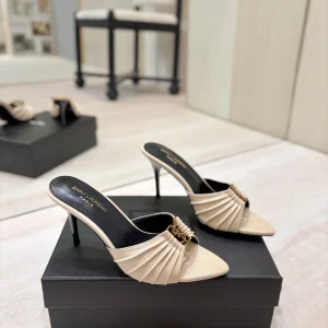 Ruched Pointed Toe High Heel Mules with Gold Metal Buckle image 1