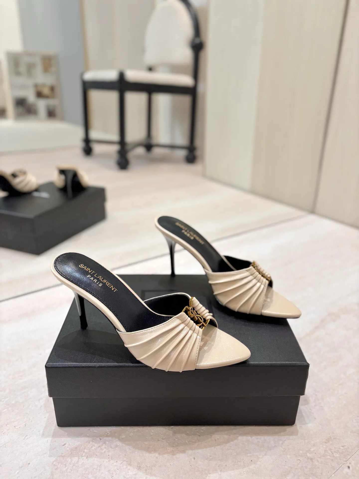Ruched Pointed Toe High Heel Mules with Gold Metal Buckle image 1
