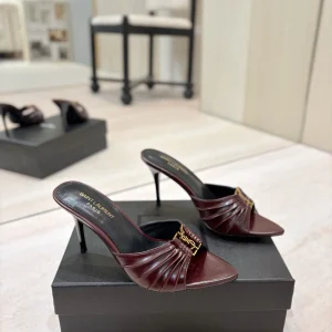 Ruched Pointed Toe High Heel Mules with Gold Metal Buckle image 1