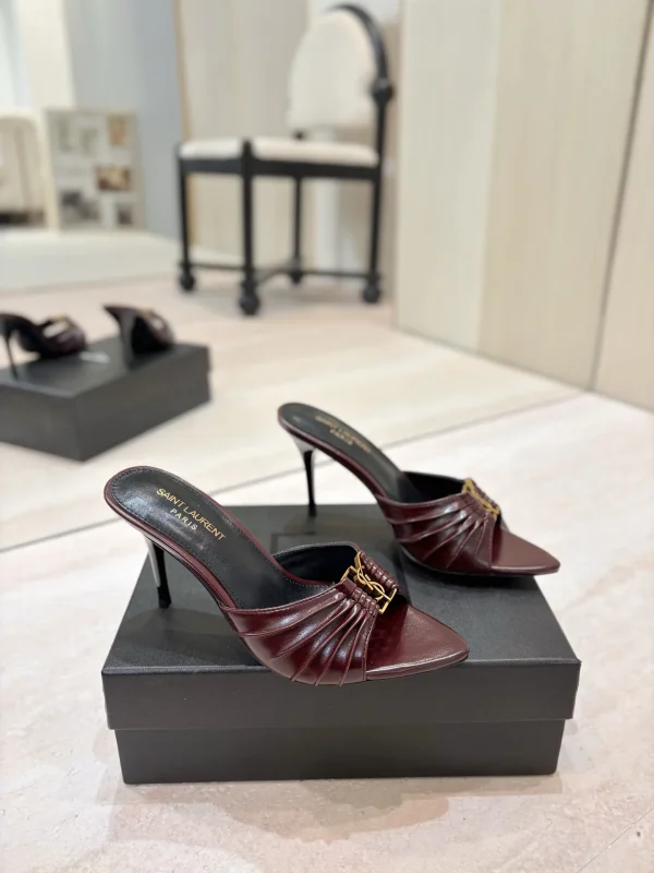 Ruched Pointed Toe High Heel Mules with Gold Metal Buckle image 1