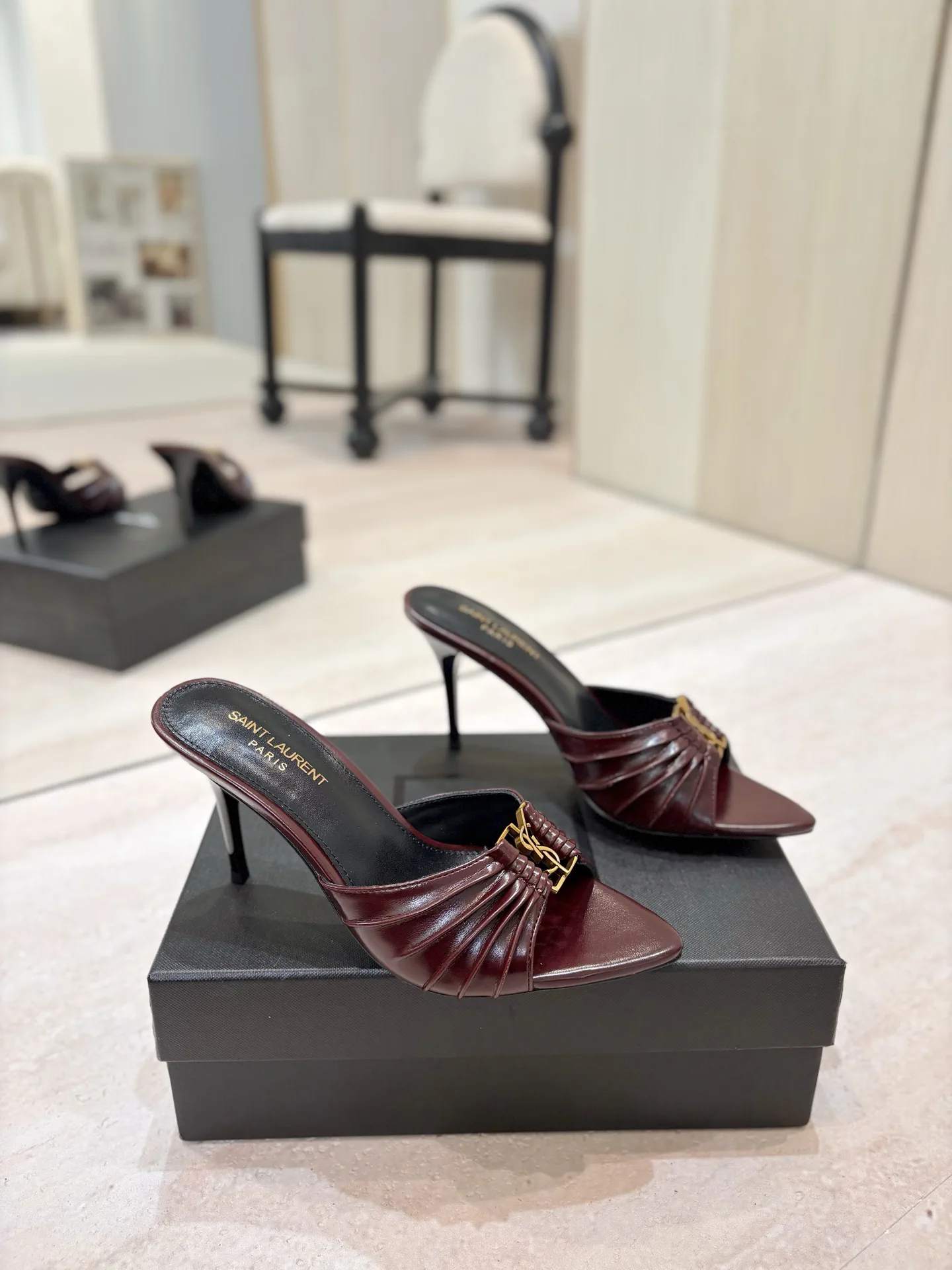 Ruched Pointed Toe High Heel Mules with Gold Metal Buckle image 1