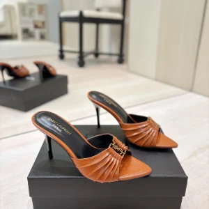Ruched Pointed Toe High Heel Mules with Gold Metal Buckle image 1