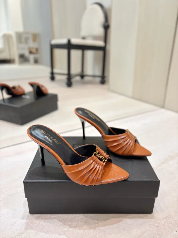 Ruched Pointed Toe High Heel Mules with Gold Metal Buckle image 1