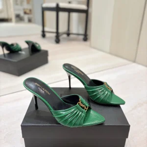 Ruched Pointed Toe High Heel Mules with Gold Metal Buckle image 1