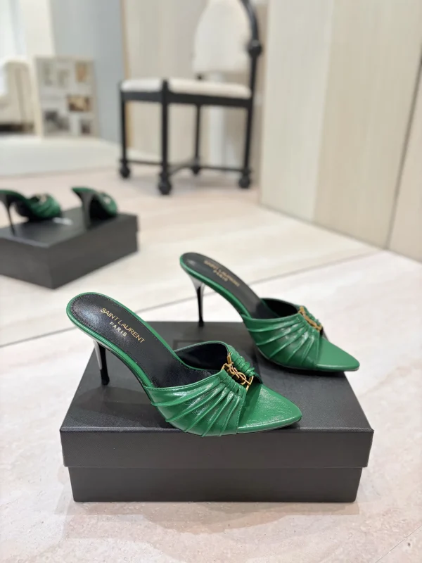 Ruched Pointed Toe High Heel Mules with Gold Metal Buckle image 1