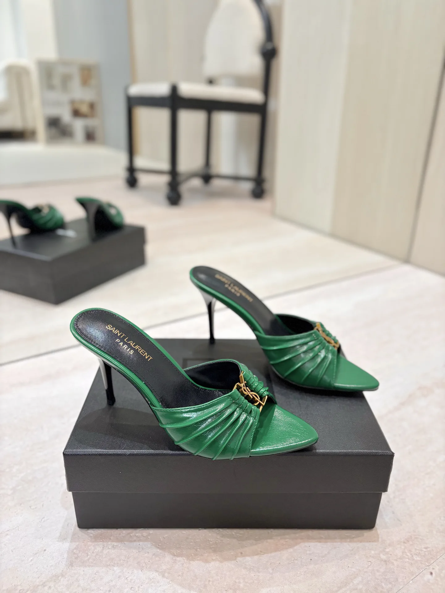 Ruched Pointed Toe High Heel Mules with Gold Metal Buckle image 1