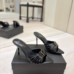 Ruched Pointed Toe High Heel Mules with Gold Metal Buckle image 1