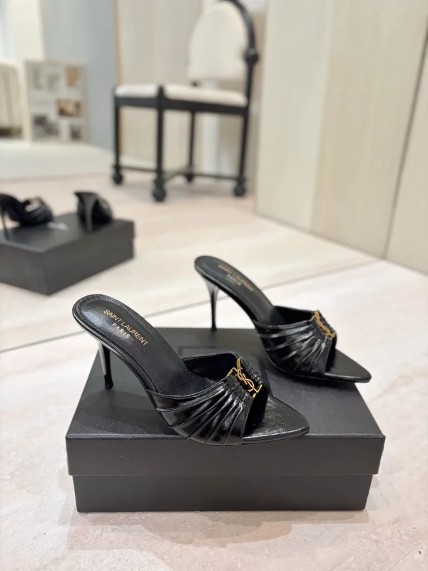 Ruched Pointed Toe High Heel Mules with Gold Metal Buckle image 1