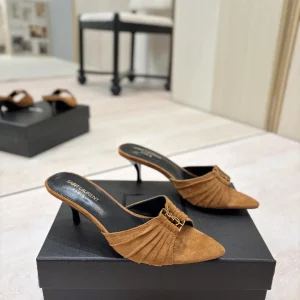 Ruched Pointed Toe Mid-Heel Mules with Gold Metal Buckle image 1