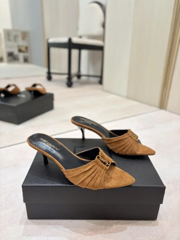 Ruched Pointed Toe Mid-Heel Mules with Gold Metal Buckle image 1