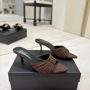 Ruched Pointed Toe Mid Heel Mules with Gold Metal Buckle image 1