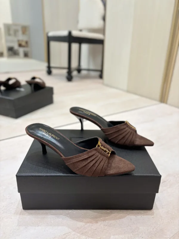 Ruched Pointed Toe Mid Heel Mules with Gold Metal Buckle image 1