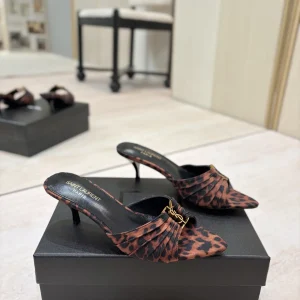 Leopard Print Ruched Pointed Toe Mid-Heel Mules image 1