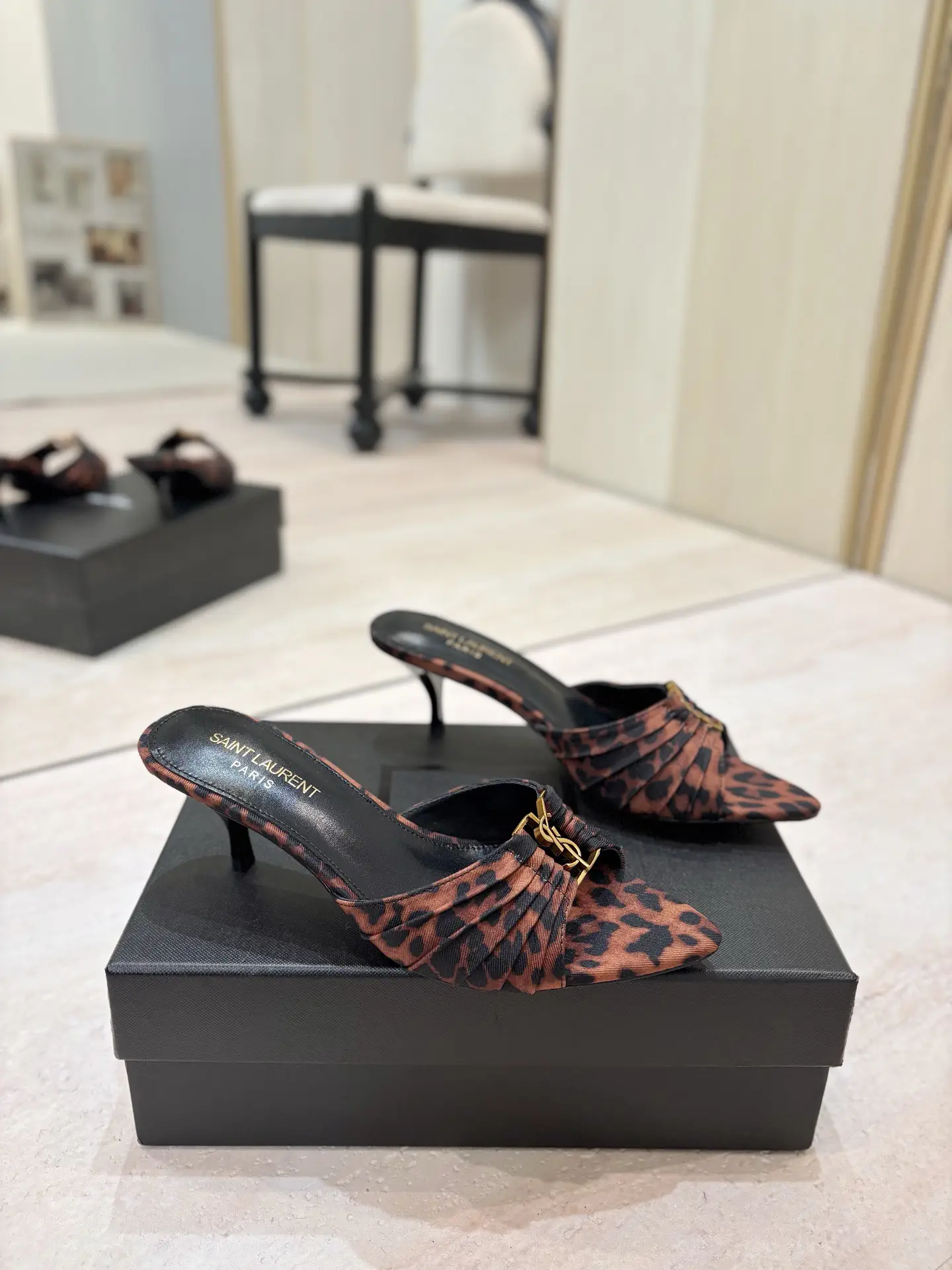 Leopard Print Ruched Pointed Toe Mid-Heel Mules image 1