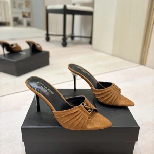 Ruched Pointed Toe Stiletto Mules with Gold Metal Buckle image 1