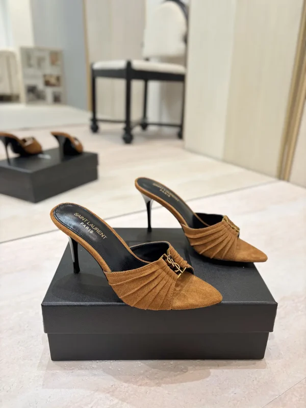 Ruched Pointed Toe Stiletto Mules with Gold Metal Buckle image 1